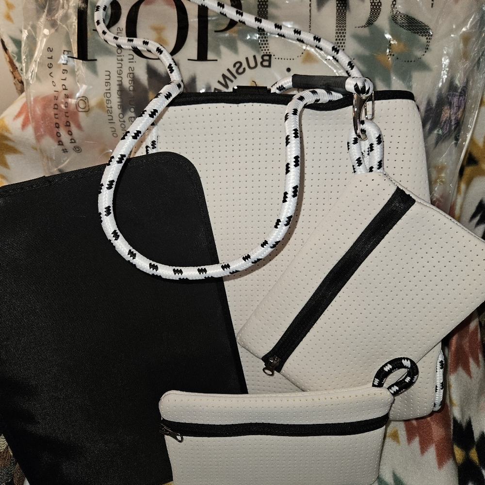 White and Black Perforated Tote Bag with Pouch Set